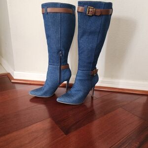 Soda Blue Denim Heeled Boots with Brown Accents